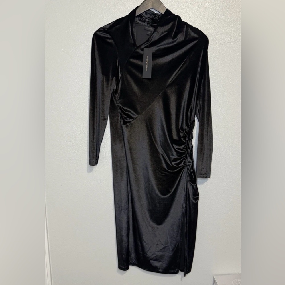 Donna Karan Dress Plus Sz 22 High Neck Velvety Like Midi Asymetric Neck Ruching